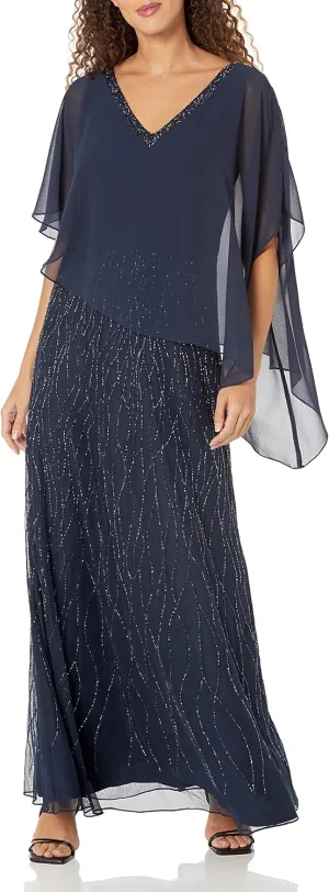 J Kara Women's Beaded Bottom with Sheer Elegant Top Dress