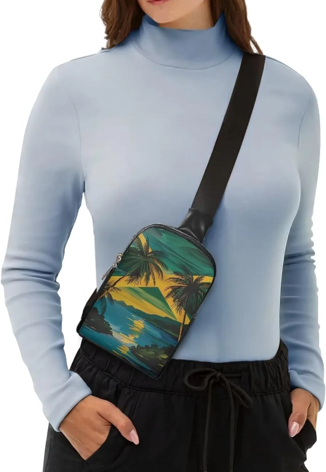 Jamaica Flag Fanny Packs for Women Cross Body Sling Daypack, Painting Island Sunset Print Belt Bag Zipper Crossbody Bag for Travel