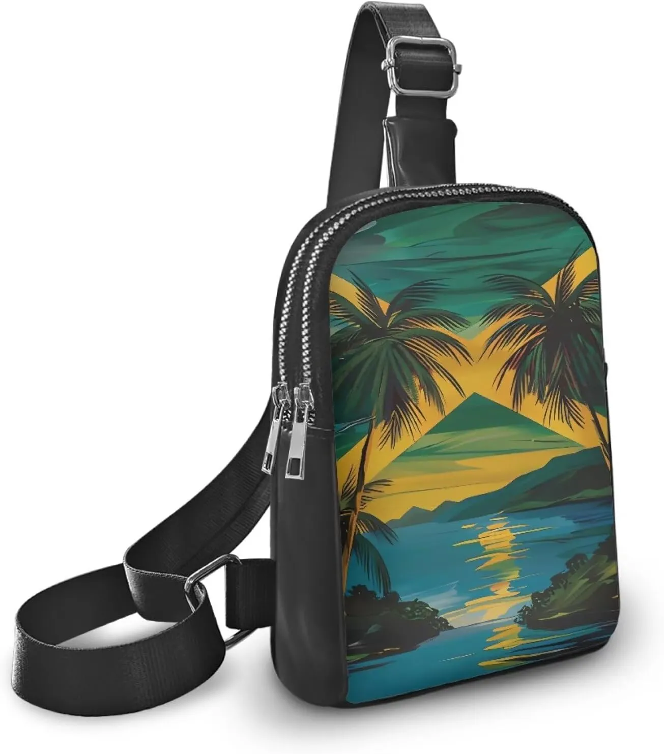 Jamaica Flag Fanny Packs for Women Cross Body Sling Daypack, Painting Island Sunset Print Belt Bag Zipper Crossbody Bag for Travel