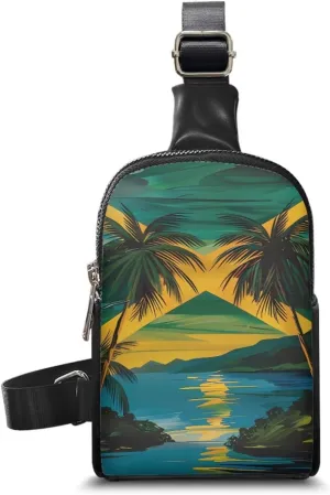 Jamaica Flag Fanny Packs for Women Cross Body Sling Daypack, Painting Island Sunset Print Belt Bag Zipper Crossbody Bag for Travel