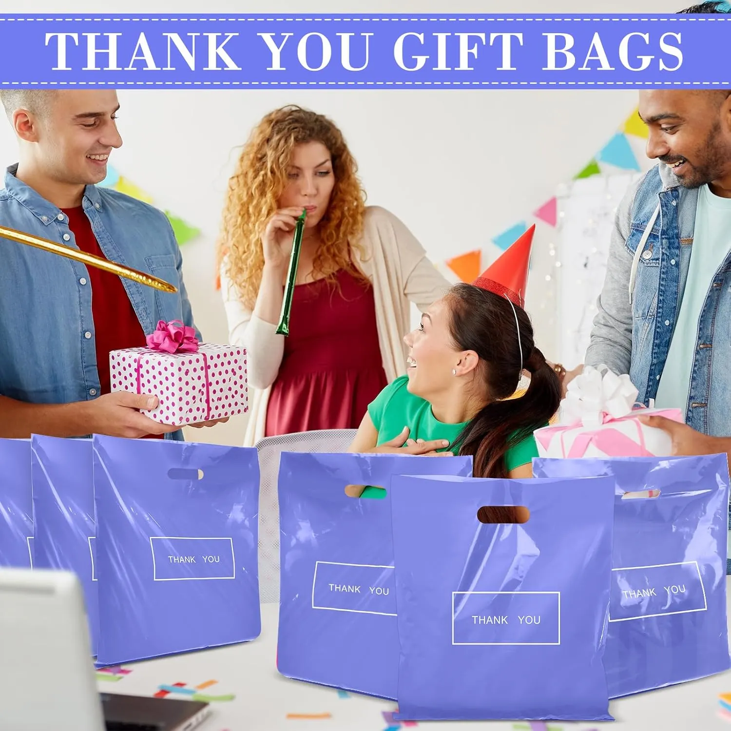 Janlaugh 150 Pcs Large Thank You Bags with Handle Bulk 16 x 18 Inch Thick Plastic Shopping Merchandise Boutique Retail Gift Goodie Bags 2.36 Mil(Purple)