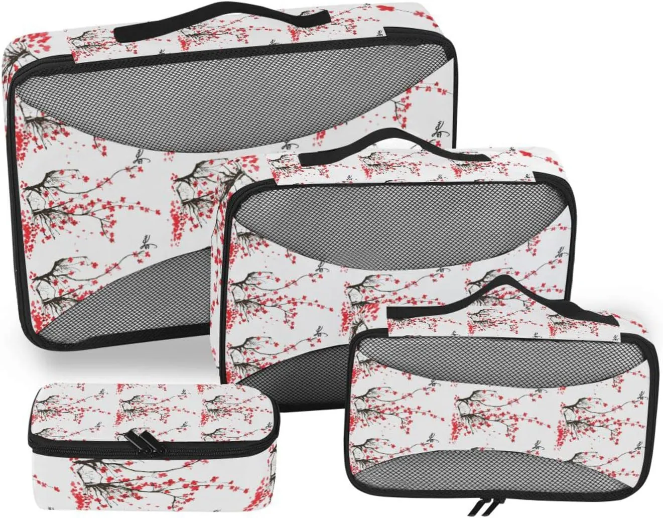 Japanese Cherry Tree Branches with Red Flowers on White Background 4 PCs Set Packing Bags, Luggage Organizer Bag, Portable Cube Toiletry bag, Durable Travel Cosmetic Storage Bag for Men Women