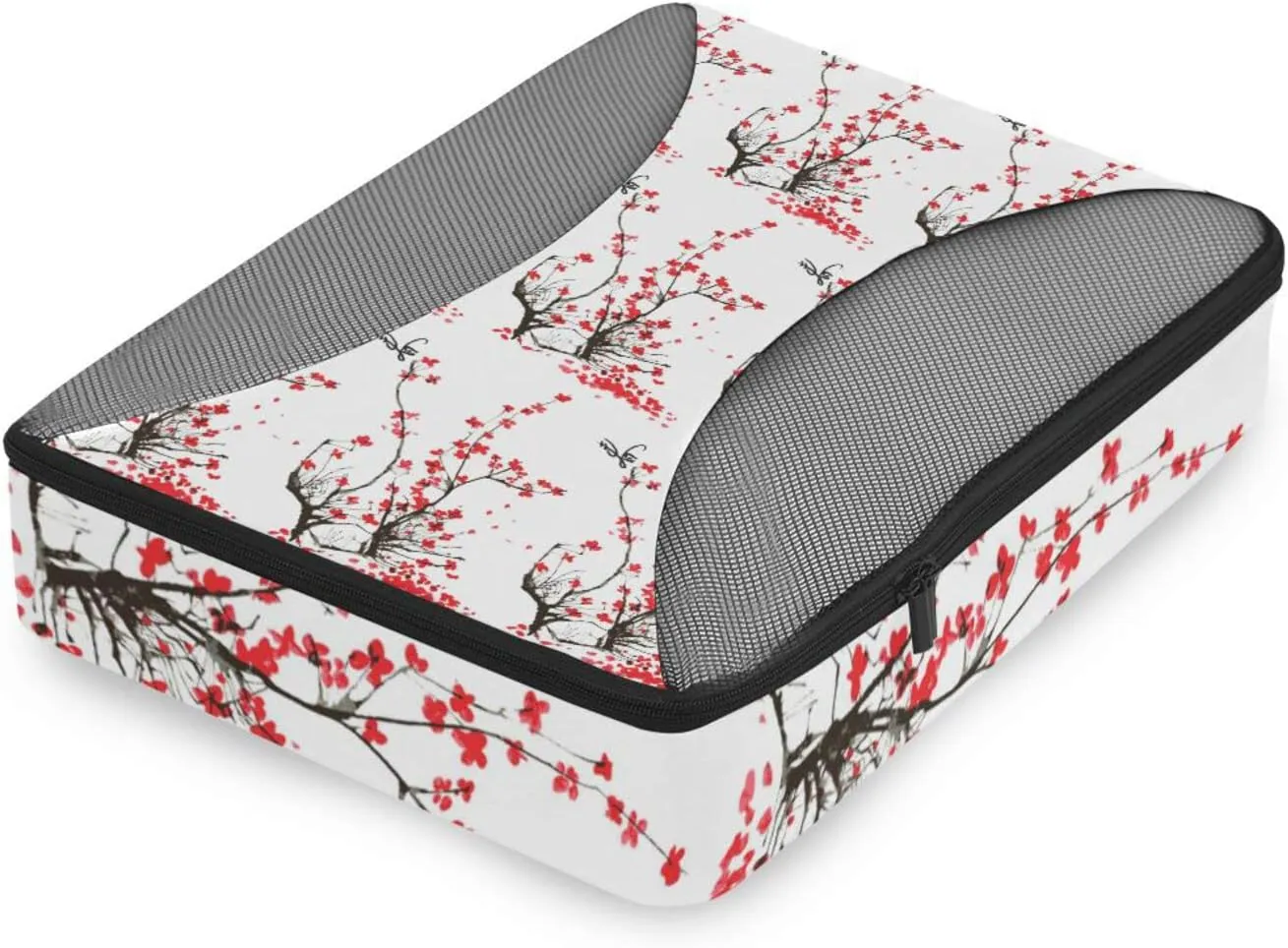 Japanese Cherry Tree Branches with Red Flowers on White Background 4 PCs Set Packing Bags, Luggage Organizer Bag, Portable Cube Toiletry bag, Durable Travel Cosmetic Storage Bag for Men Women