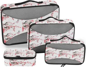 Japanese Cherry Tree Branches with Red Flowers on White Background 4 PCs Set Packing Bags, Luggage Organizer Bag, Portable Cube Toiletry bag, Durable Travel Cosmetic Storage Bag for Men Women