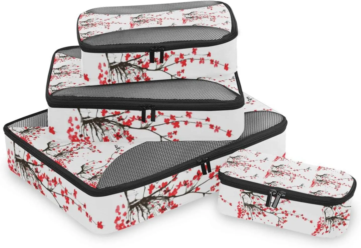 Japanese Cherry Tree Branches with Red Flowers on White Background 4 PCs Set Packing Bags, Luggage Organizer Bag, Portable Cube Toiletry bag, Durable Travel Cosmetic Storage Bag for Men Women