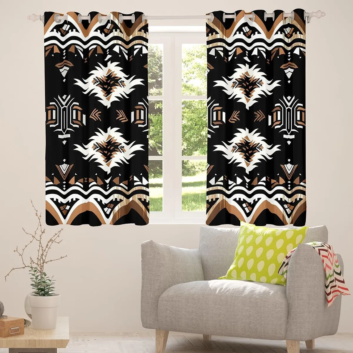 jejeloiu Black Southwestern Aztec Curtains (2 Panels, 42 x 90 Inch) Bohemian Boho Window Drapes Geometric Exotic Wild Western Tribal 30%-50% Blackout Shades Window Treatment Decor Darkening Curtain