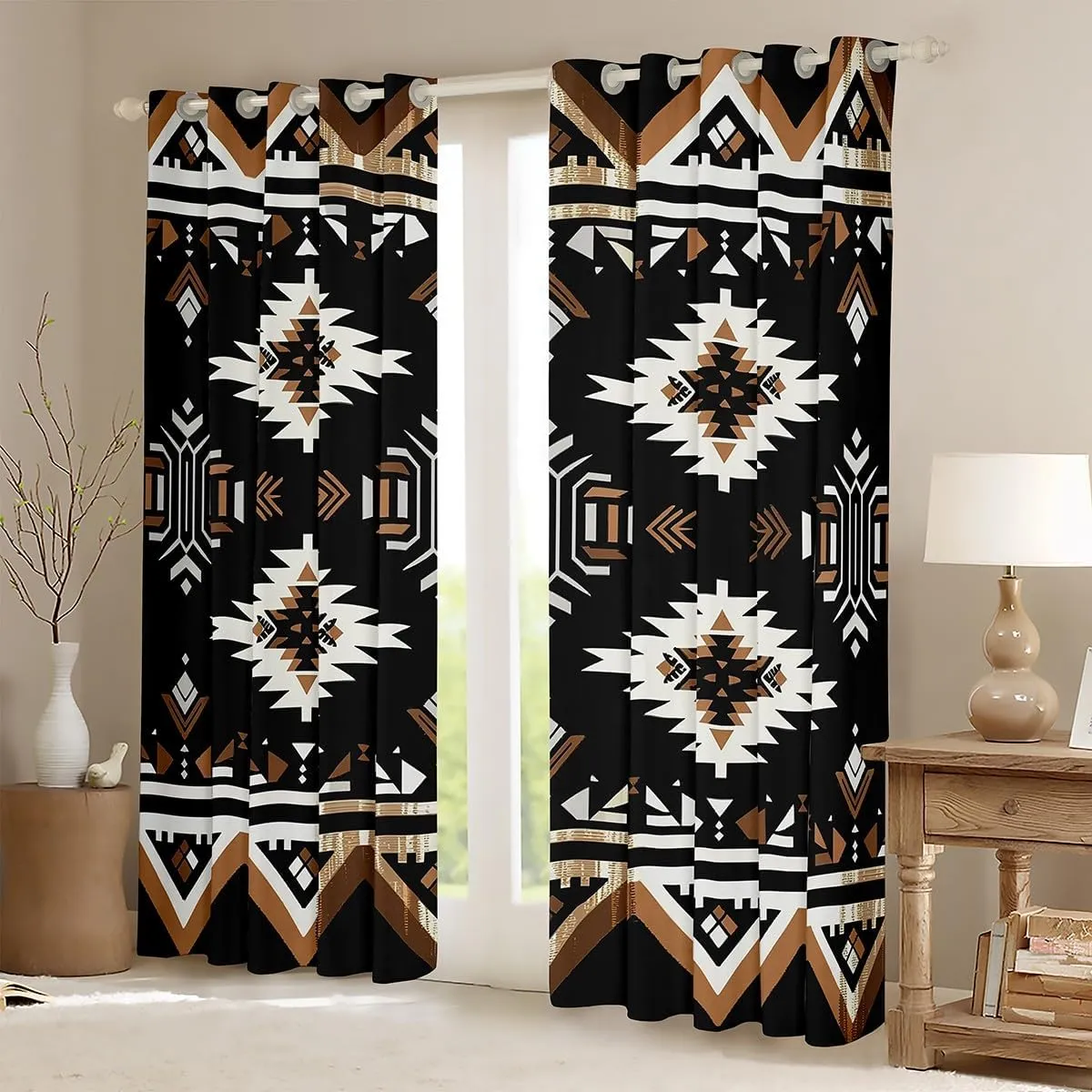 jejeloiu Black Southwestern Aztec Curtains (2 Panels, 42 x 90 Inch) Bohemian Boho Window Drapes Geometric Exotic Wild Western Tribal 30%-50% Blackout Shades Window Treatment Decor Darkening Curtain