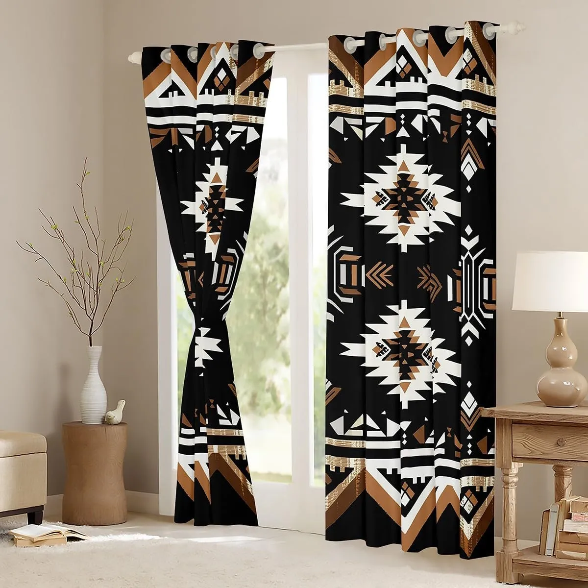 jejeloiu Black Southwestern Aztec Curtains (2 Panels, 42 x 90 Inch) Bohemian Boho Window Drapes Geometric Exotic Wild Western Tribal 30%-50% Blackout Shades Window Treatment Decor Darkening Curtain