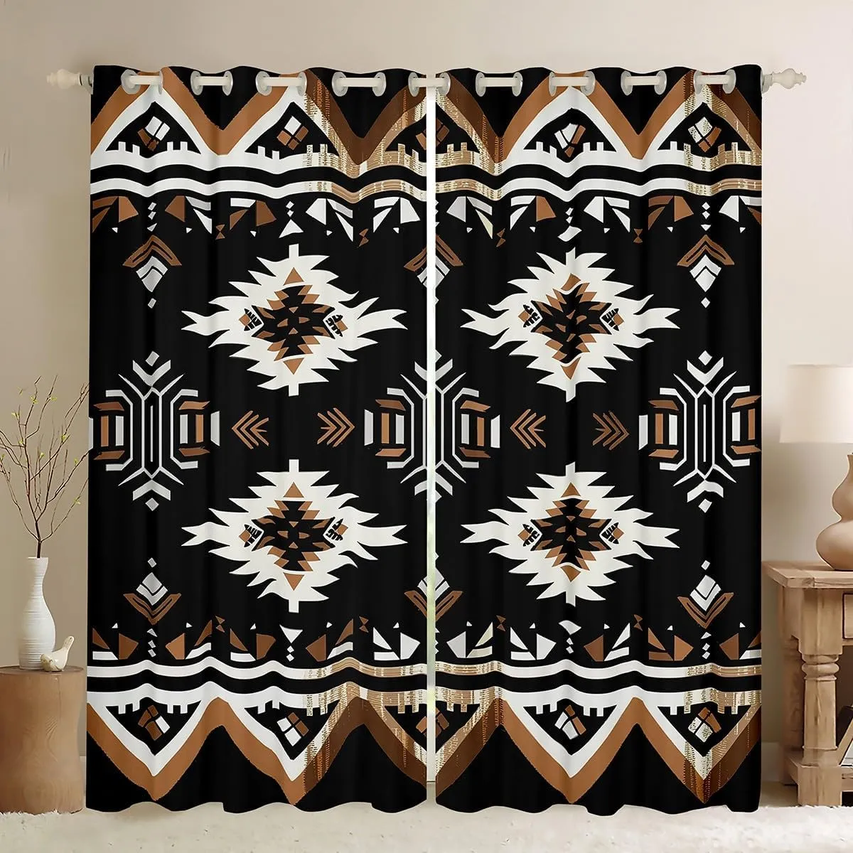jejeloiu Black Southwestern Aztec Curtains (2 Panels, 42 x 90 Inch) Bohemian Boho Window Drapes Geometric Exotic Wild Western Tribal 30%-50% Blackout Shades Window Treatment Decor Darkening Curtain