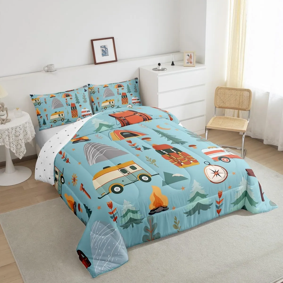 jejeloiu Happy Camping Comforter Set for Kids Boys Girls Twin Size Outdoor Travel Bedding Set Ultra Soft Travel Bag Tent Print Duvet Quilt Travel Trailers Themed Comforter Camping Gifts Duvet Quilt