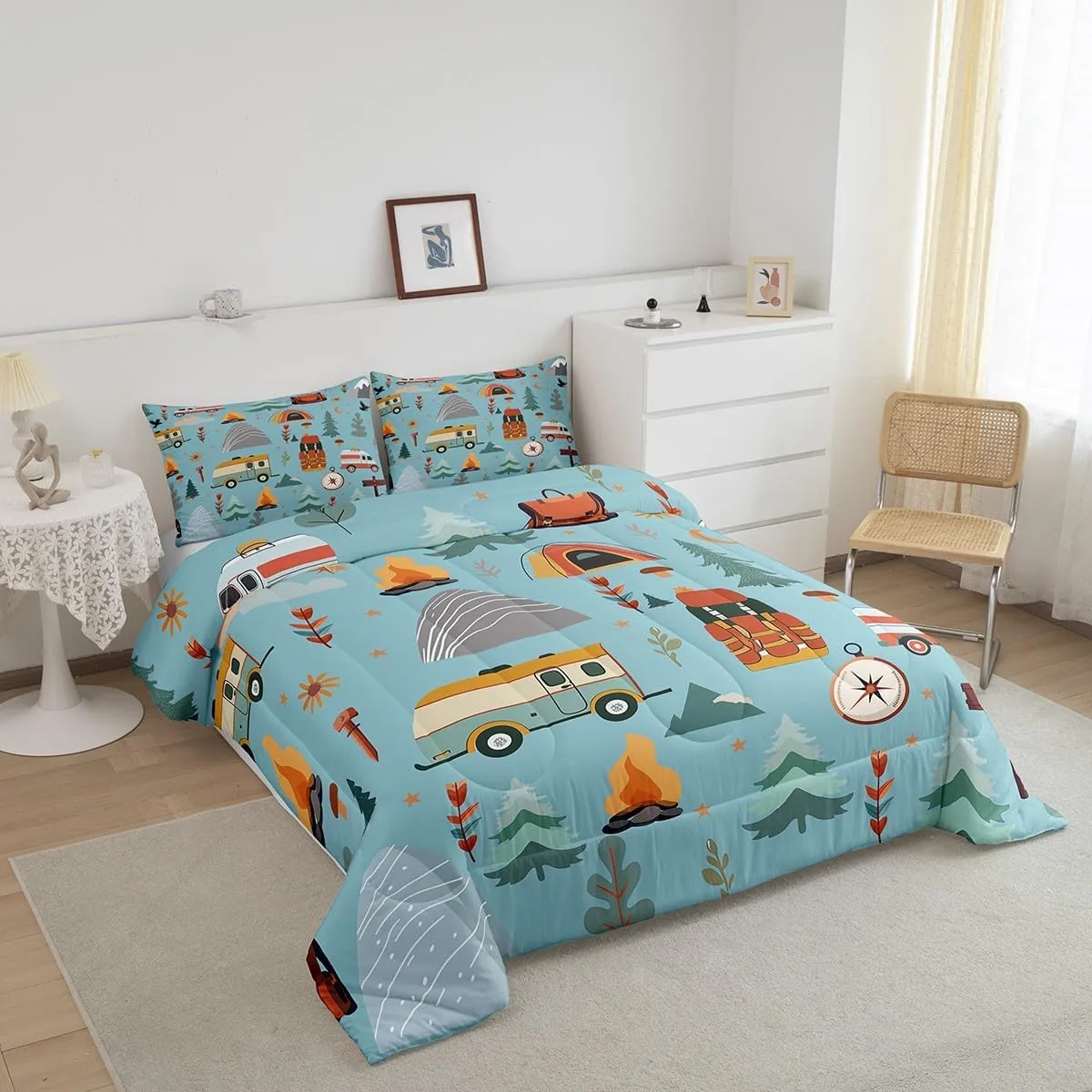 jejeloiu Happy Camping Comforter Set for Kids Boys Girls Twin Size Outdoor Travel Bedding Set Ultra Soft Travel Bag Tent Print Duvet Quilt Travel Trailers Themed Comforter Camping Gifts Duvet Quilt