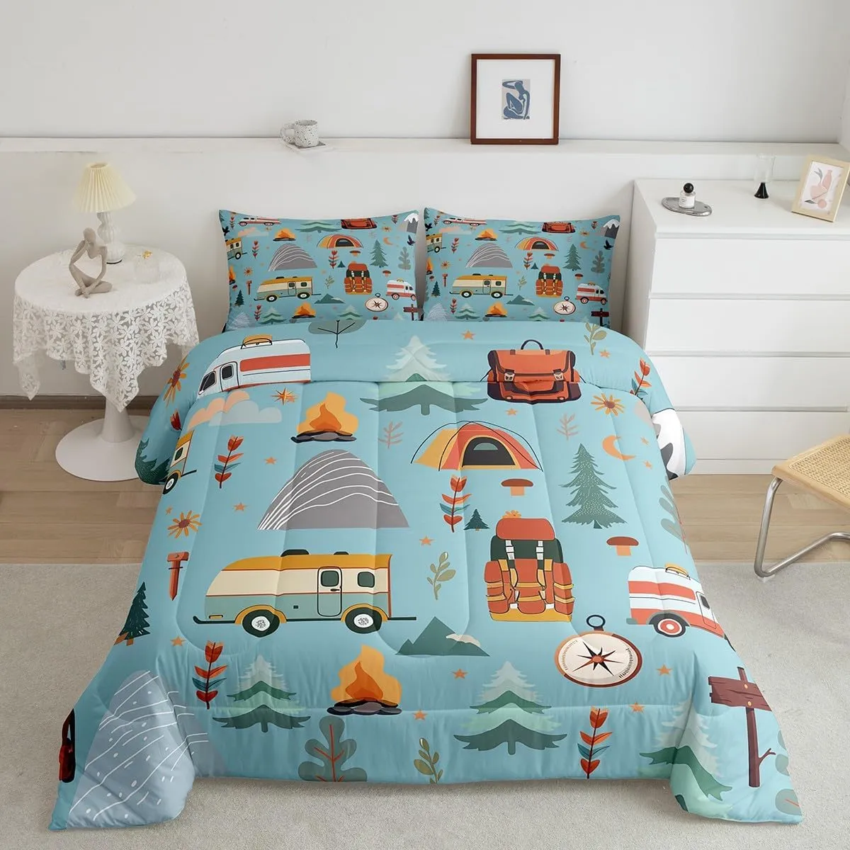 jejeloiu Happy Camping Comforter Set for Kids Boys Girls Twin Size Outdoor Travel Bedding Set Ultra Soft Travel Bag Tent Print Duvet Quilt Travel Trailers Themed Comforter Camping Gifts Duvet Quilt