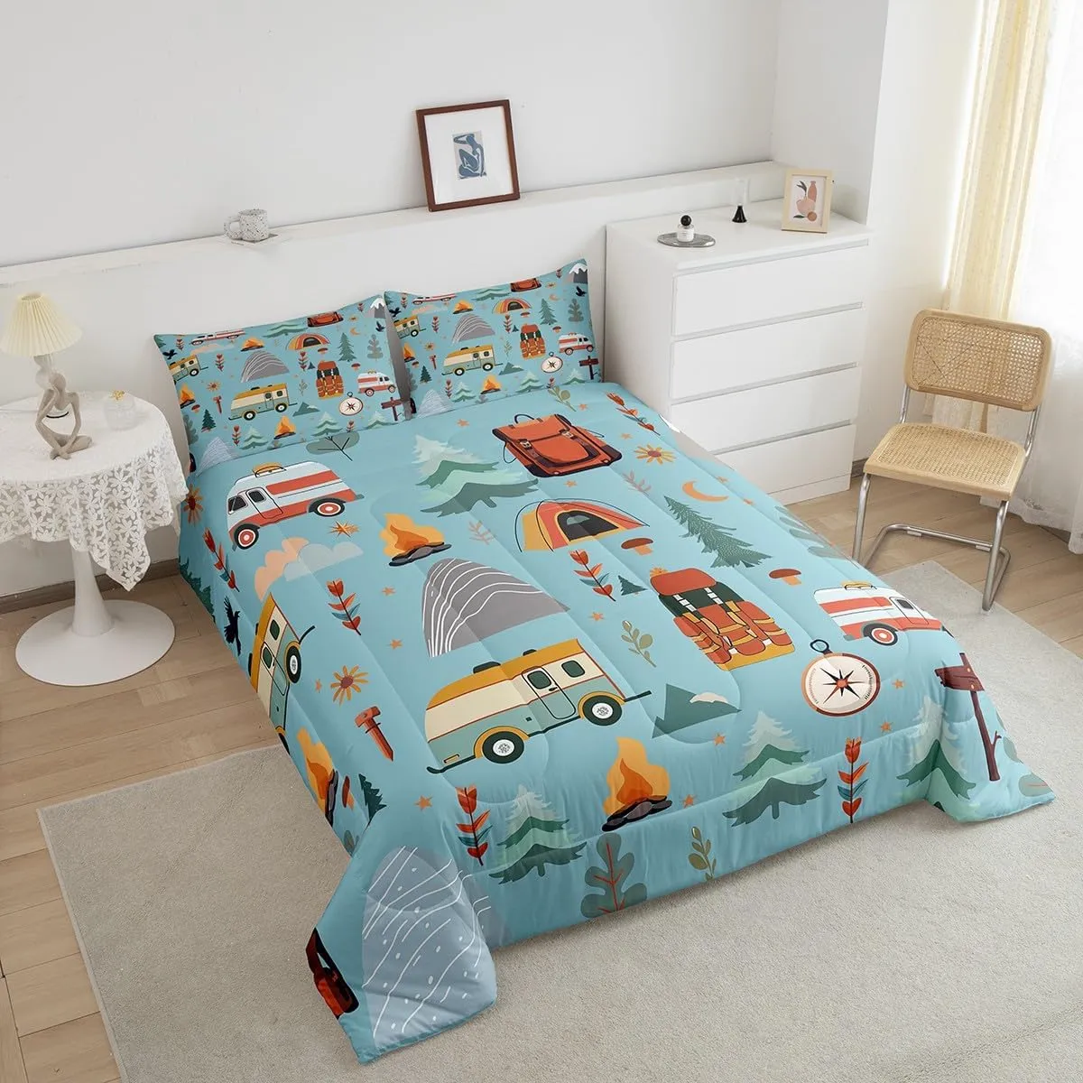 jejeloiu Happy Camping Comforter Set for Kids Boys Girls Twin Size Outdoor Travel Bedding Set Ultra Soft Travel Bag Tent Print Duvet Quilt Travel Trailers Themed Comforter Camping Gifts Duvet Quilt