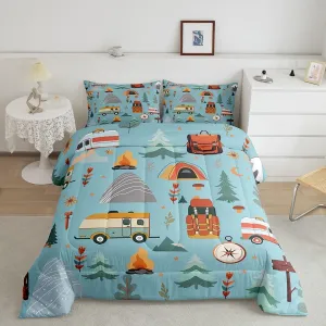 jejeloiu Happy Camping Comforter Set for Kids Boys Girls Twin Size Outdoor Travel Bedding Set Ultra Soft Travel Bag Tent Print Duvet Quilt Travel Trailers Themed Comforter Camping Gifts Duvet Quilt