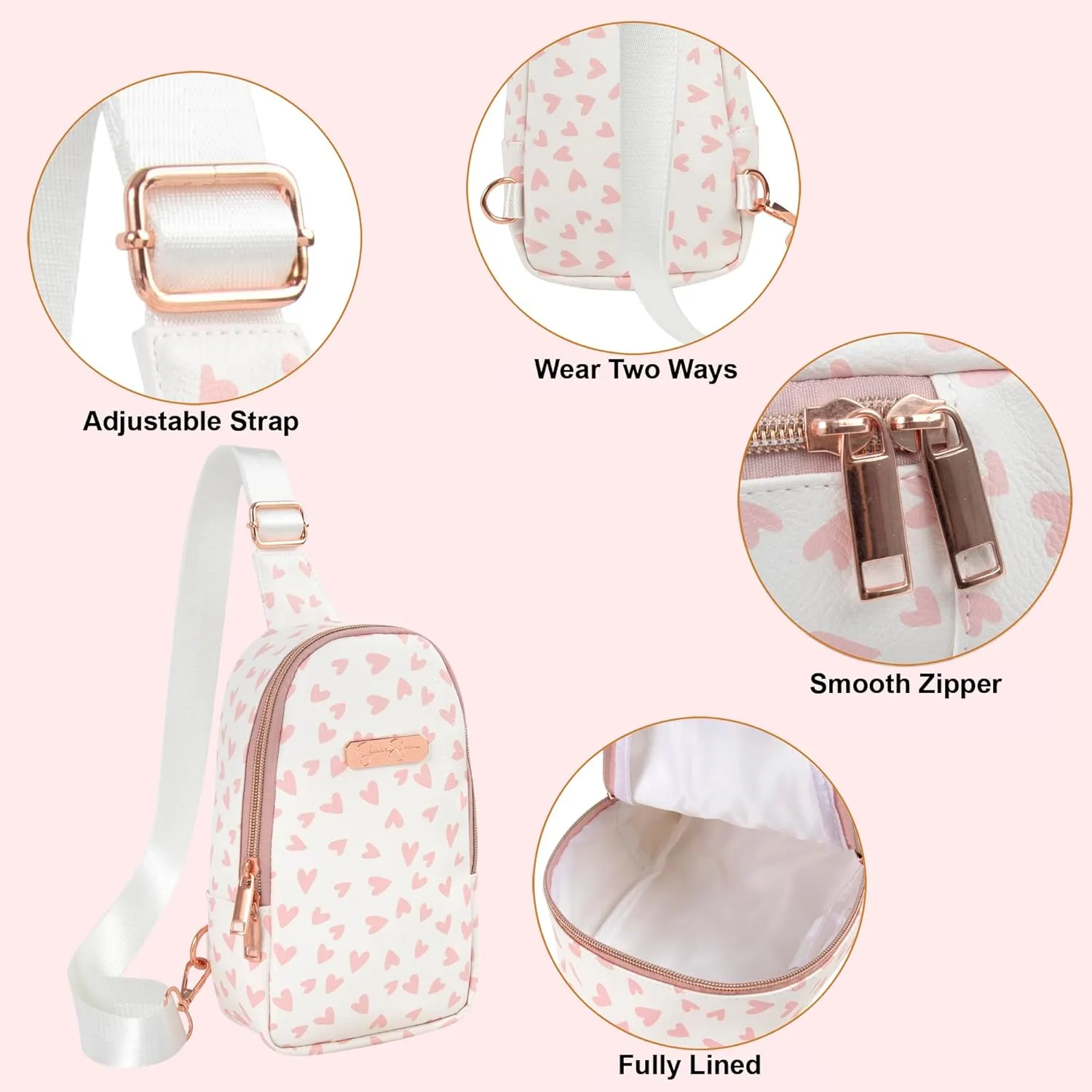 Jessica Simpson One Strap Mini Crossbody Sling Bag Backpack for Women, Waterproof, with Adjustable Strap (Happy Hearts)