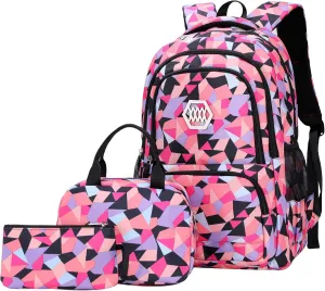 JiaYou Girl Geometric Printed Primary Junior High University School Bag Bookbag 3pcs Backpack Sets(2# Black-3pcs,35 L)