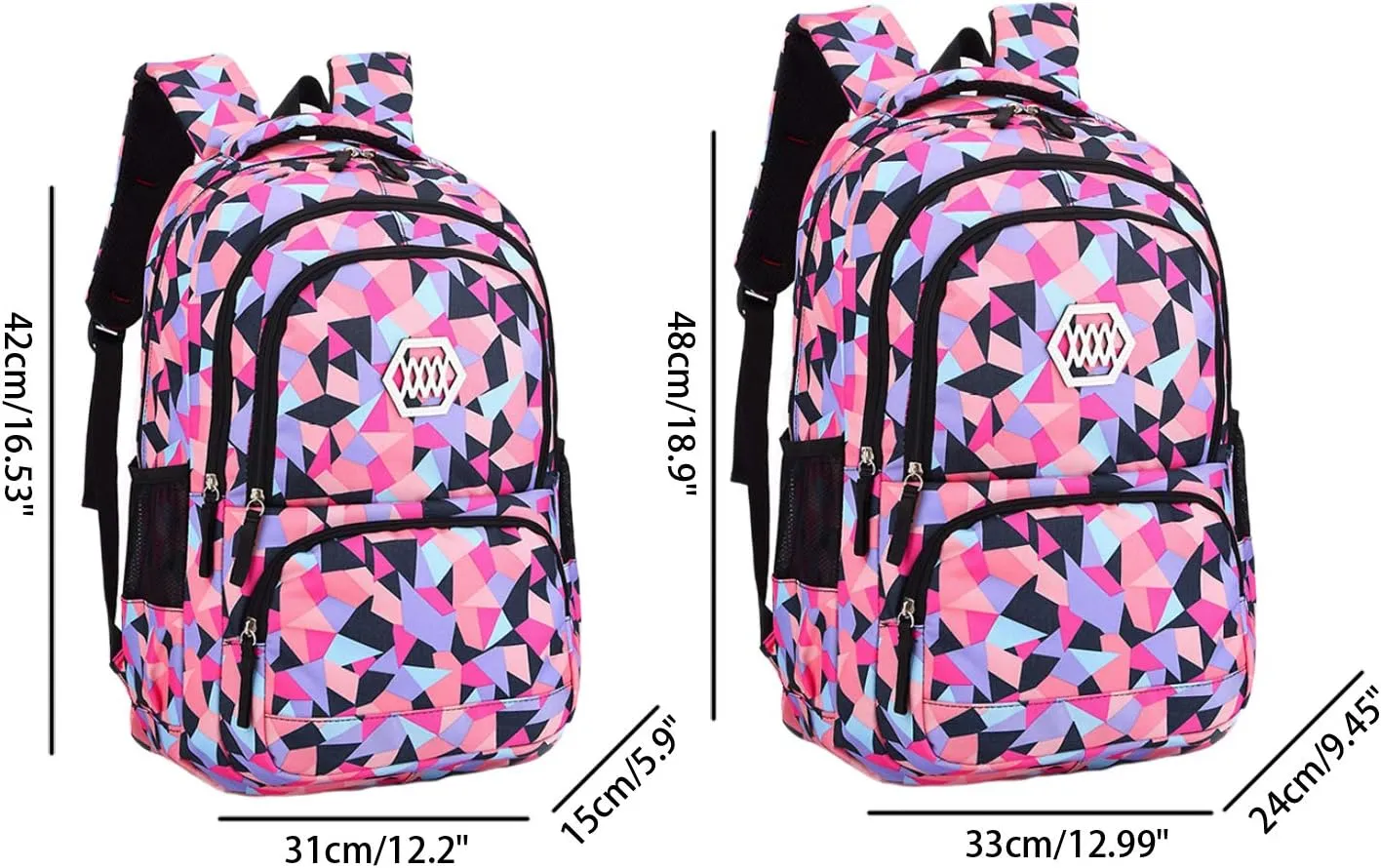 JiaYou Girl Geometric Printed Primary Junior High University School Bag Bookbag 3pcs Backpack Sets(2# Black-3pcs,35 L)