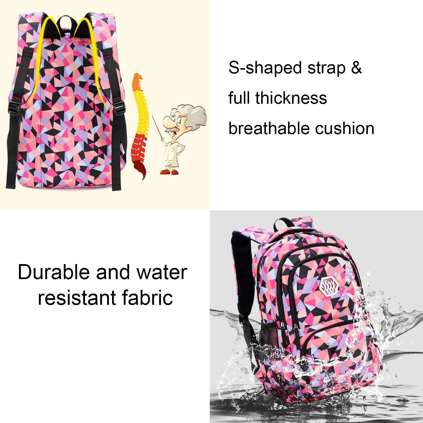 JiaYou Girl Geometric Printed Primary Junior High University School Bag Bookbag 3pcs Backpack Sets(2# Black-3pcs,35 L)