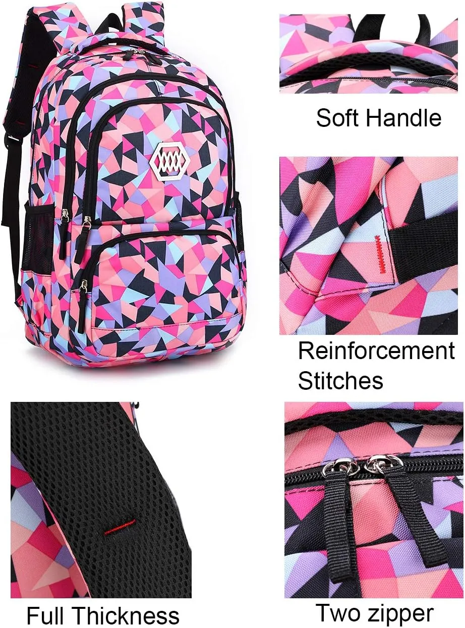 JiaYou Girl Geometric Printed Primary Junior High University School Bag Bookbag 3pcs Backpack Sets(2# Black-3pcs,35 L)