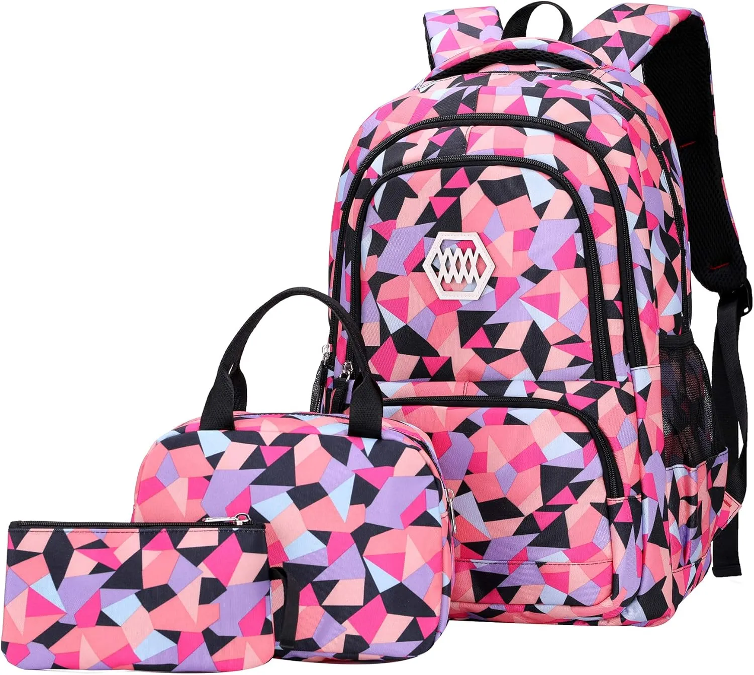 JiaYou Girl Geometric Printed Primary Junior High University School Bag Bookbag 3pcs Backpack Sets(2# Black-3pcs,35 L)