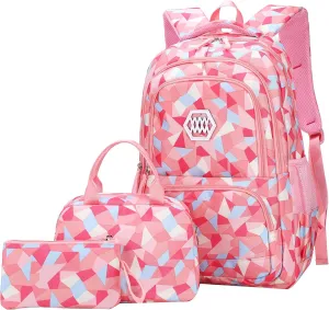 JiaYou Girl Geometric Printed Primary Junior High University School Bag Bookbag 3pcs Backpack Sets(2# Pink-3pcs,19 L)