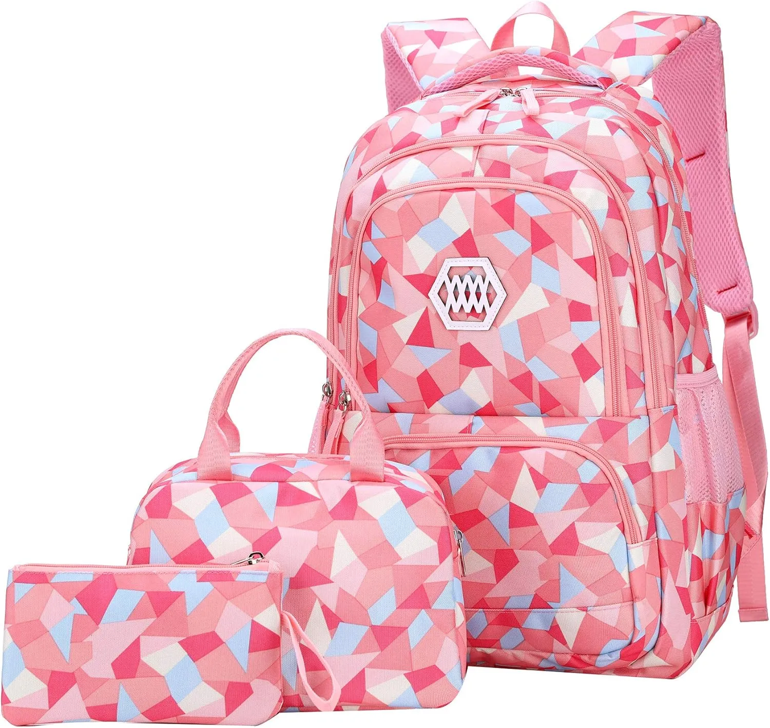 JiaYou Girl Geometric Printed Primary Junior High University School Bag Bookbag 3pcs Backpack Sets(2# Pink-3pcs,19 L)