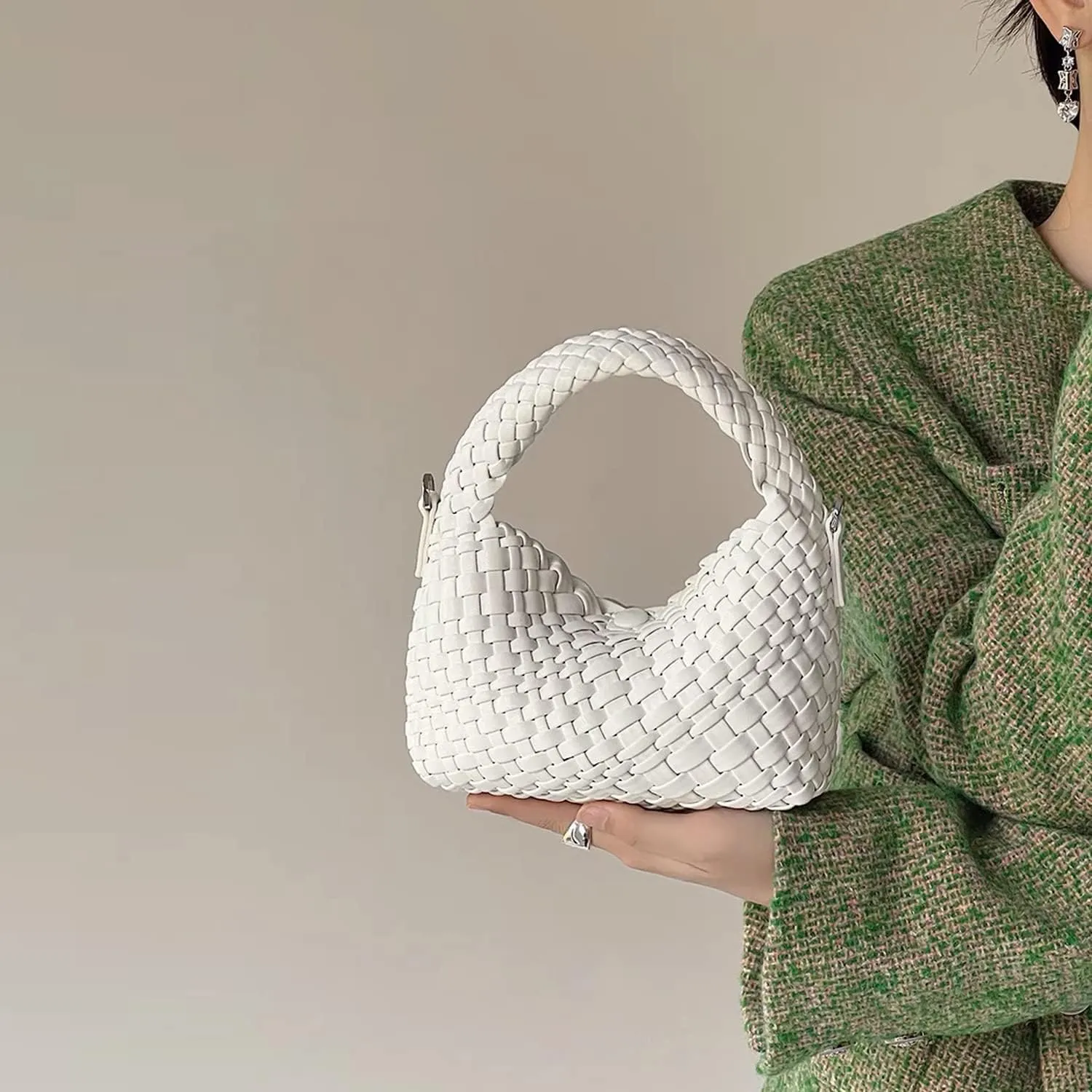 JINMANXUE Small Hand Woven Handbags for Women Shoulder Crossbody Bag Purses Cassual Top Handle Bags Hobo Curved Tote Bag