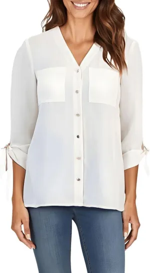 Jones New York Womens Pocket Chiffon Button-Down Top