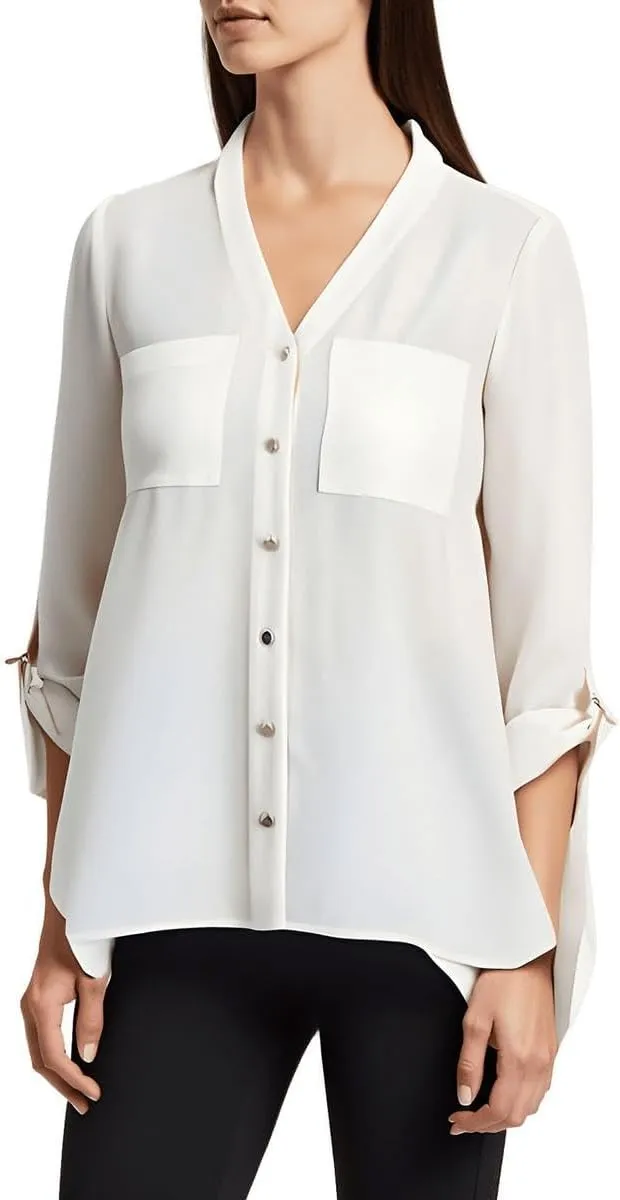 Jones New York Womens Pocket Chiffon Button-Down Top