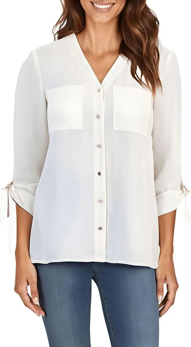 Jones New York Womens Pocket Chiffon Button-Down Top