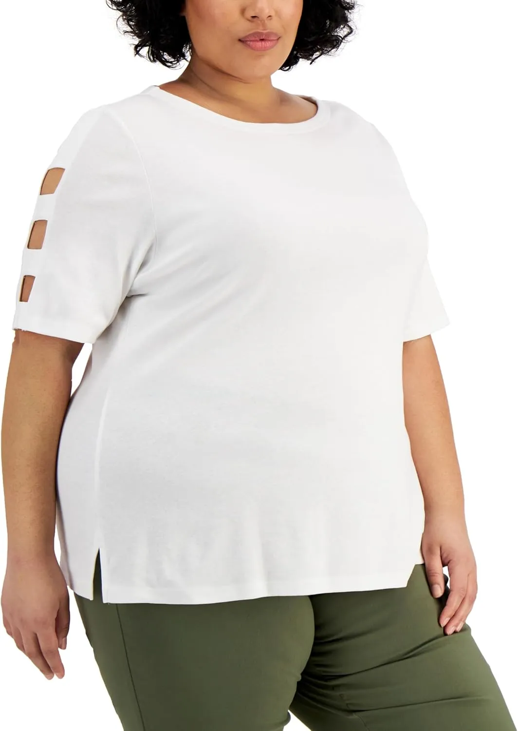 Karen Scott Plus Size Cotton Cutout-Sleeve Top Bright White 3X