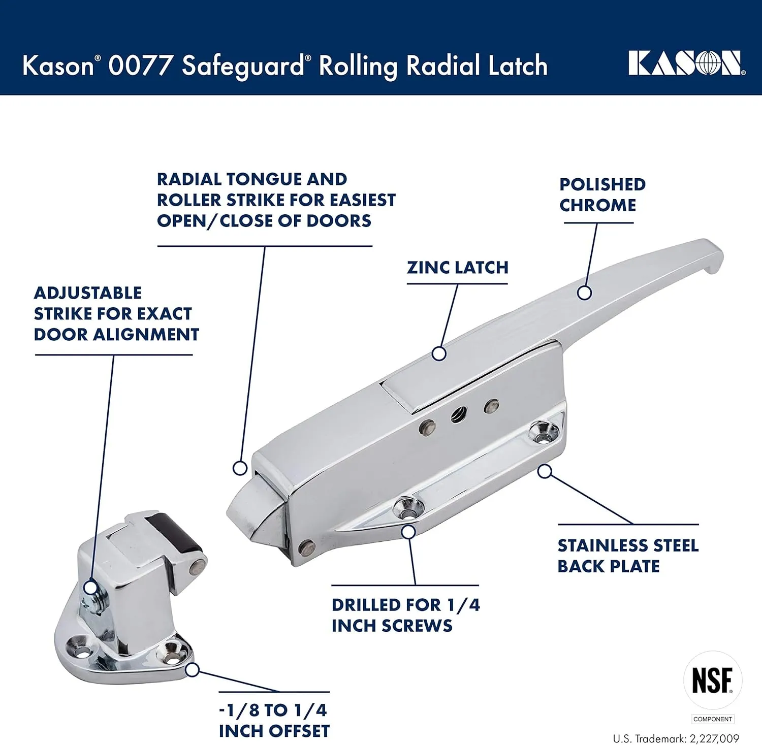 Kason 0058 Safeguard Radial Latch and Flush to 1/4" Roller Strike, Polished Finish, 10058L05021_10059005001