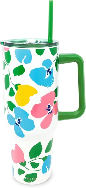 kate spade new york 40 Ounce Tumbler with Handle and Straw, Cupholder Friendly, Double Wall Stainless Steel Insulated Cup (Painterly Bouquet)