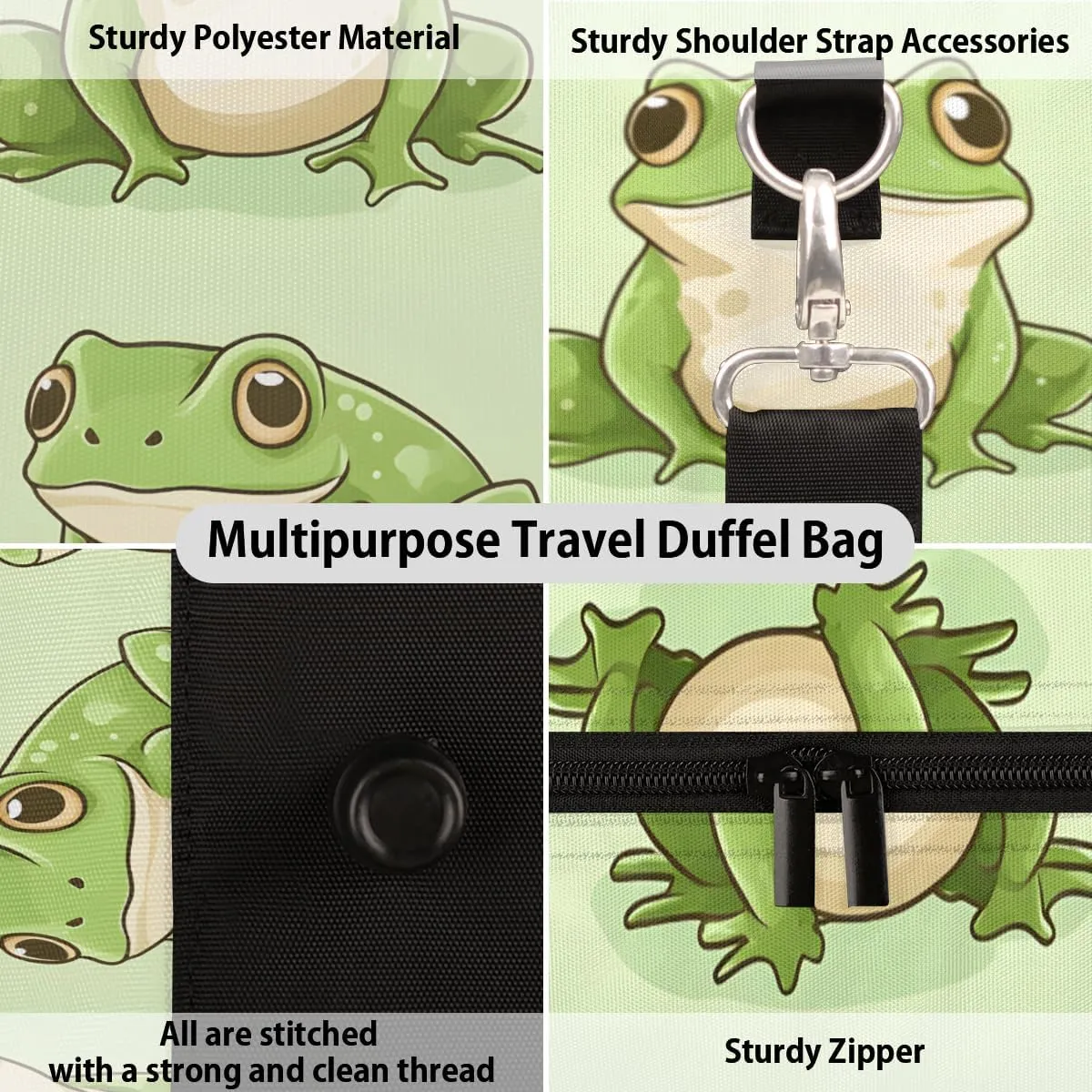 Kawaii Frogs Travel Duffle Bag for Women Men Gym Duffel Foldable Bag Waterproof Weekender Cartoon Animals Frog Duffle Tote