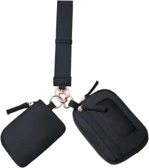 Keychain Wristlet Wallet Purse Card Storage with Zipper Bag Double Pouch Women Men for Traveling Street Fishing Shopping Hiking, Black