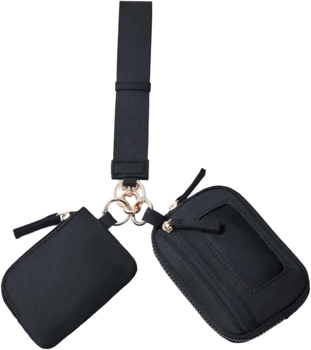 Keychain Wristlet Wallet Purse Card Storage with Zipper Bag Double Pouch Women Men for Traveling Street Fishing Shopping Hiking, Black