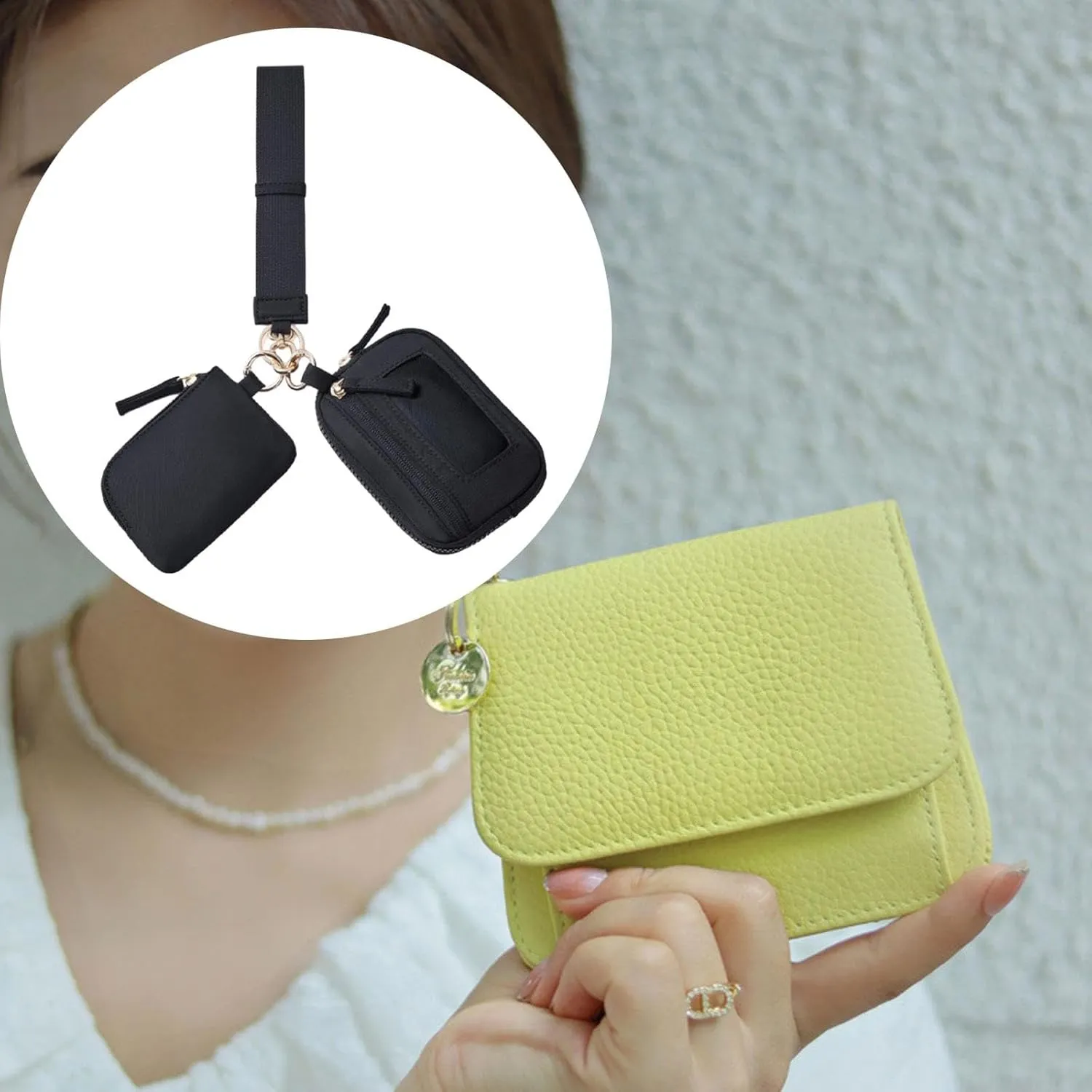 Keychain Wristlet Wallet Purse Card Storage with Zipper Bag Double Pouch Women Men for Traveling Street Fishing Shopping Hiking, Black