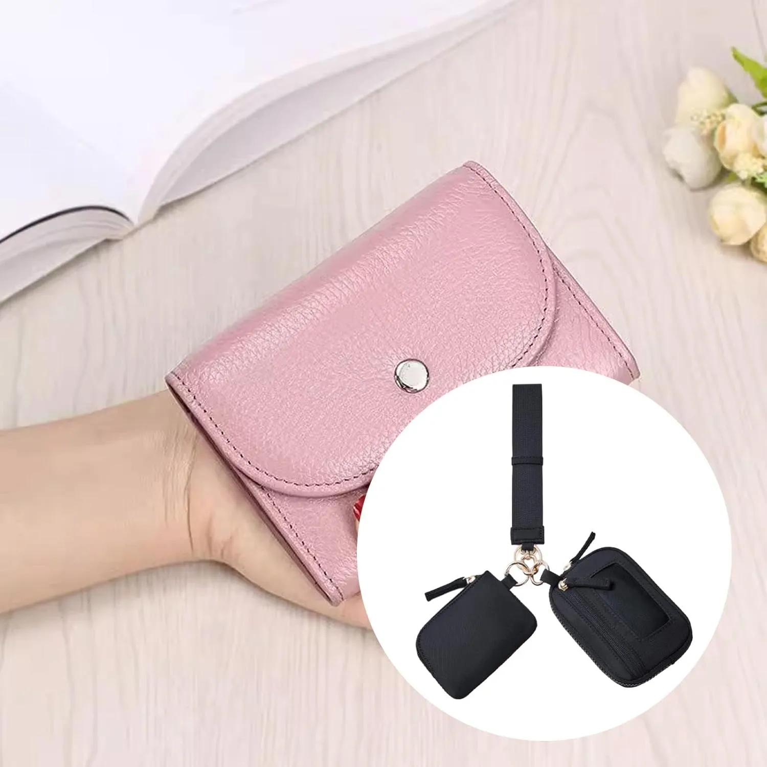 Keychain Wristlet Wallet Purse Card Storage with Zipper Bag Double Pouch Women Men for Traveling Street Fishing Shopping Hiking, Black