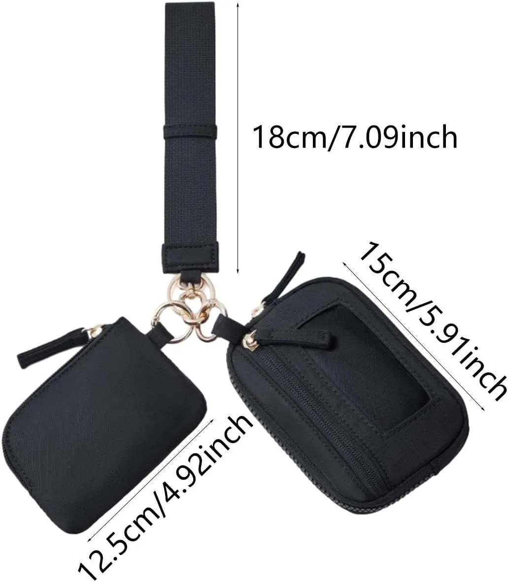 Keychain Wristlet Wallet Purse Card Storage with Zipper Bag Double Pouch Women Men for Traveling Street Fishing Shopping Hiking, Black