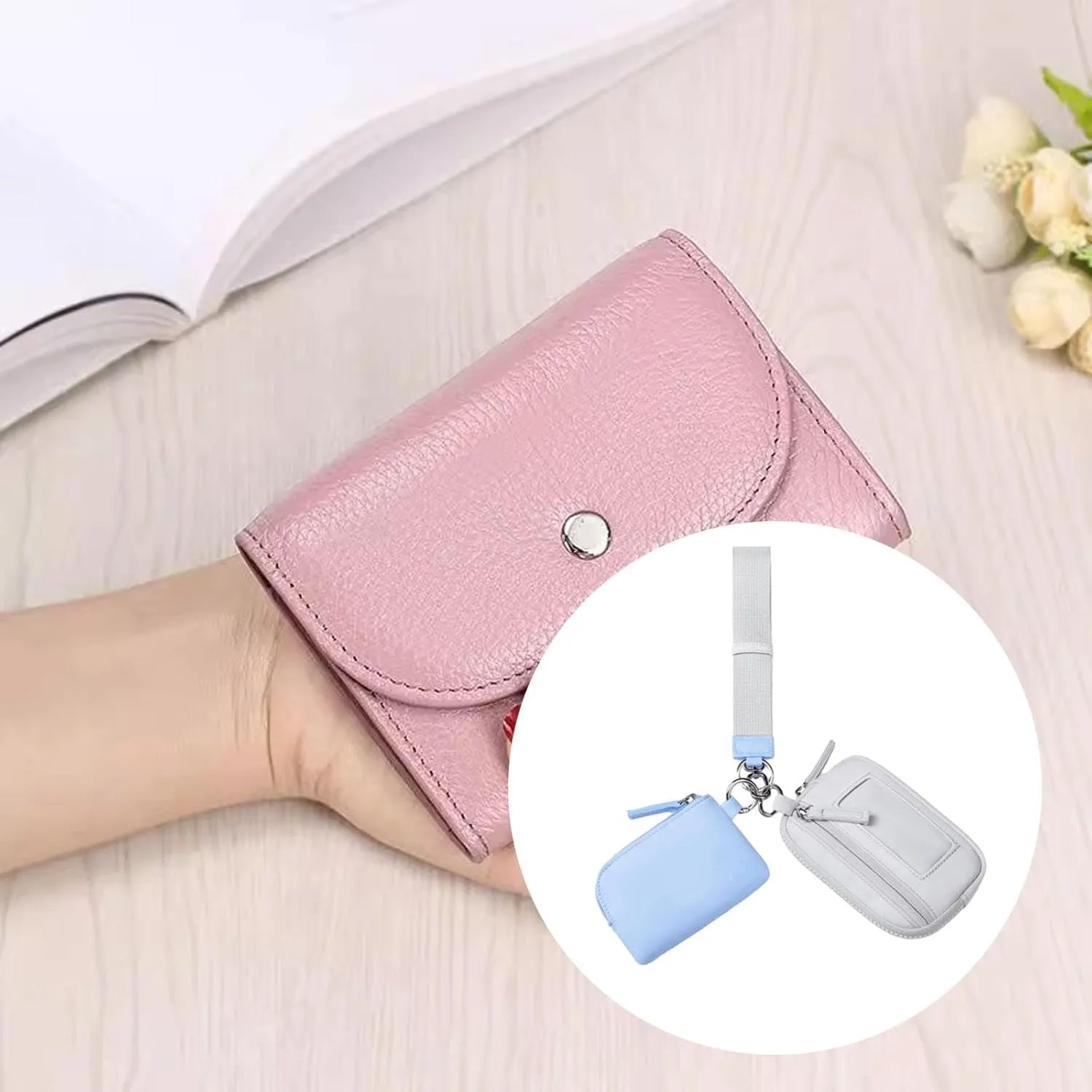 Keychain Wristlet Wallet Purse Card Storage with Zipper Bag Double Pouch Women Men for Traveling Street Fishing Shopping Hiking, Blue Gray