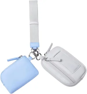 Keychain Wristlet Wallet Purse Card Storage with Zipper Bag Double Pouch Women Men for Traveling Street Fishing Shopping Hiking, Blue Gray