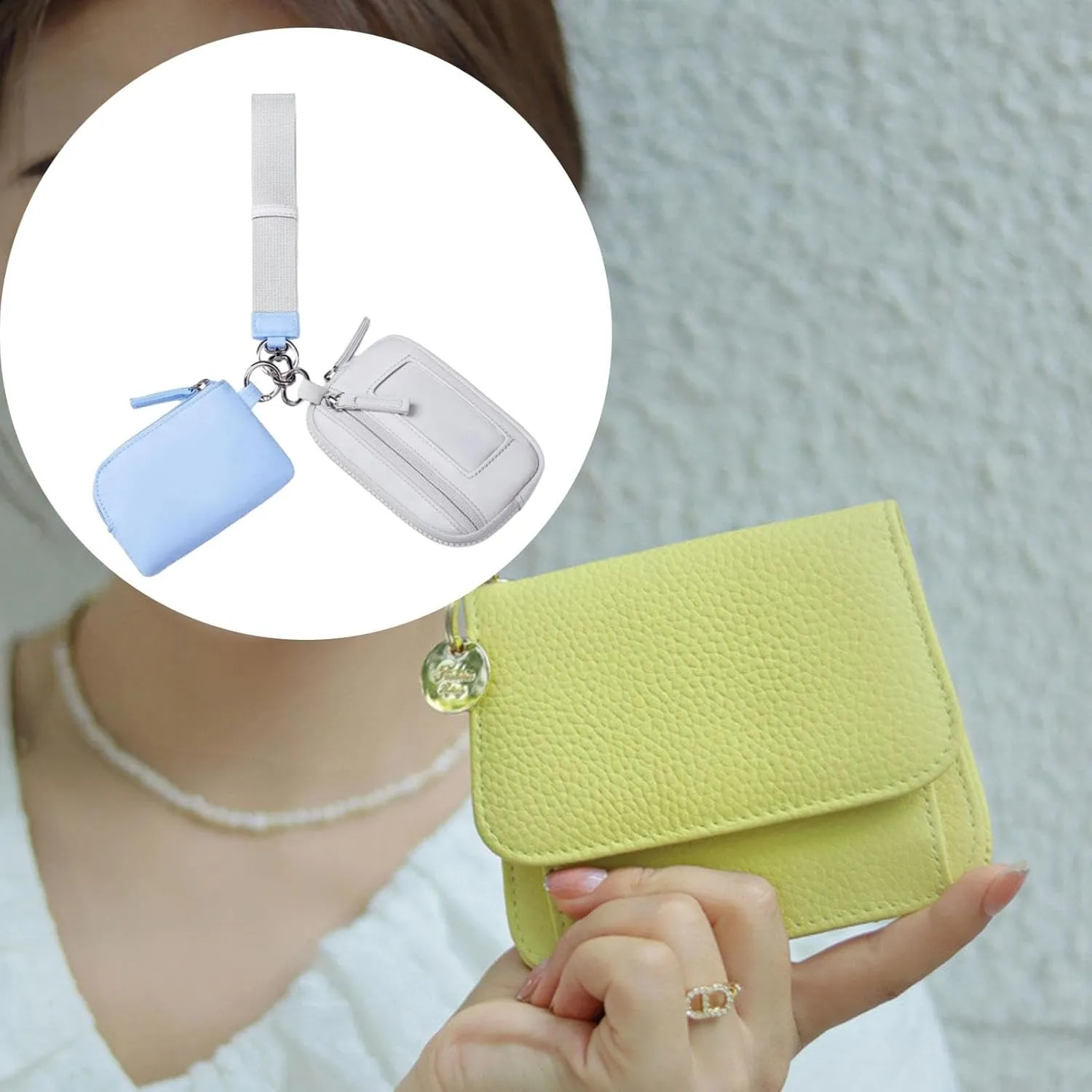Keychain Wristlet Wallet Purse Card Storage with Zipper Bag Double Pouch Women Men for Traveling Street Fishing Shopping Hiking, Blue Gray