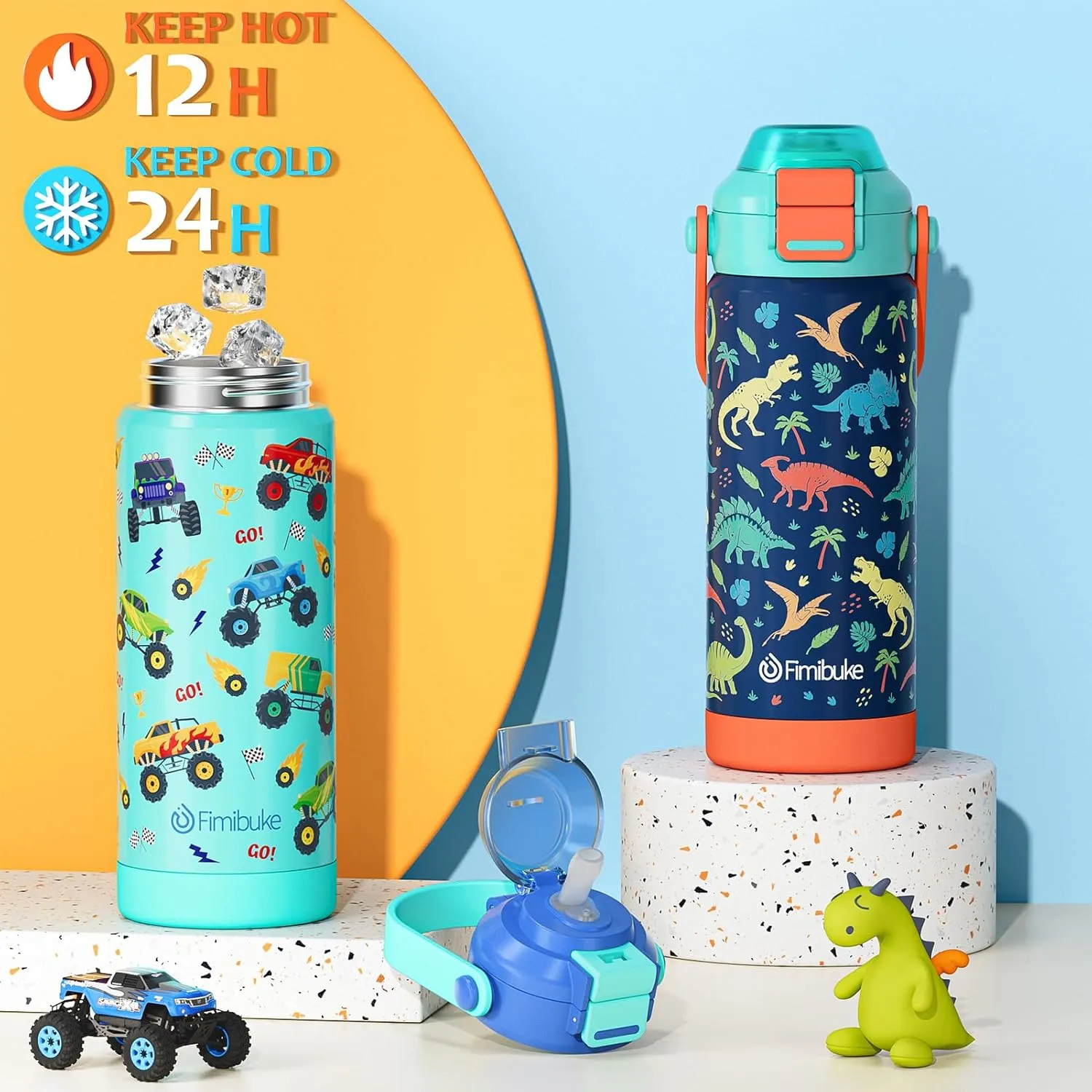 Kids Insulated Water Bottle with Pop-Open Straw & Spout 2-in-1 Lid, 18oz Leak Proof 18/8 Stainless Steel Vacuum Tumbler, BPA-Free Kids Cup For Travel School Boys Girls Toddler, 2 Packs Sea World