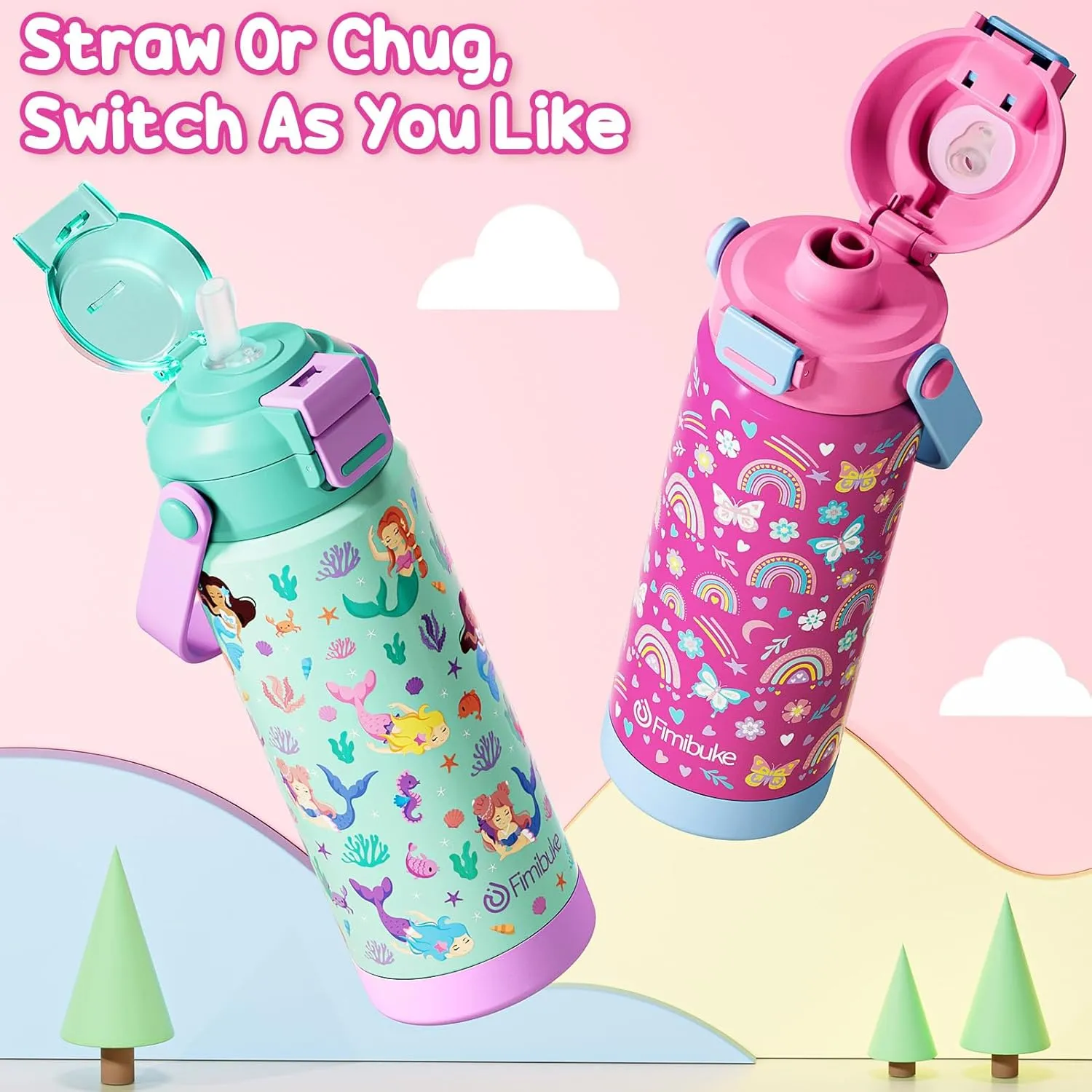 Kids Insulated Water Bottle with Pop-Open Straw & Spout 2-in-1 Lid, 18oz Leak Proof 18/8 Stainless Steel Vacuum Tumbler, BPA-Free Kids Cup For Travel School Boys Girls Toddler, 2 Packs Sea World