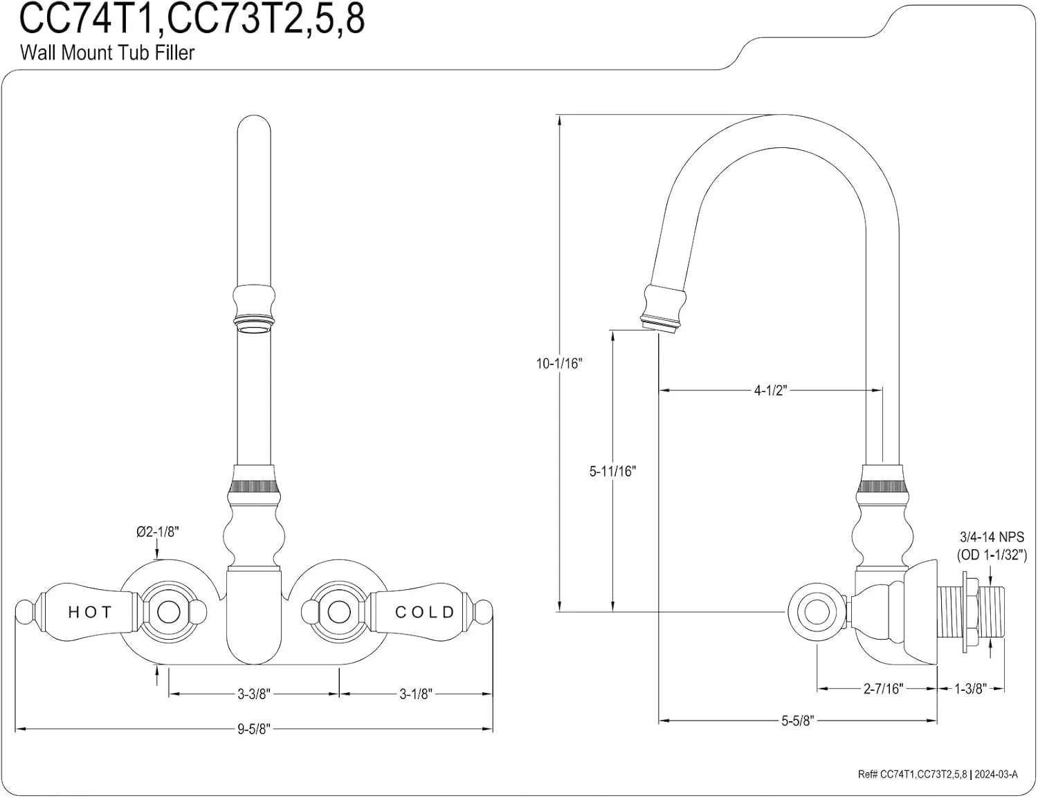 Kingston Brass CC74T1 Vintage Leg Tub Filler, Porcelain Lever Handle, Polished Chrome,8-Inch Adjustable Center