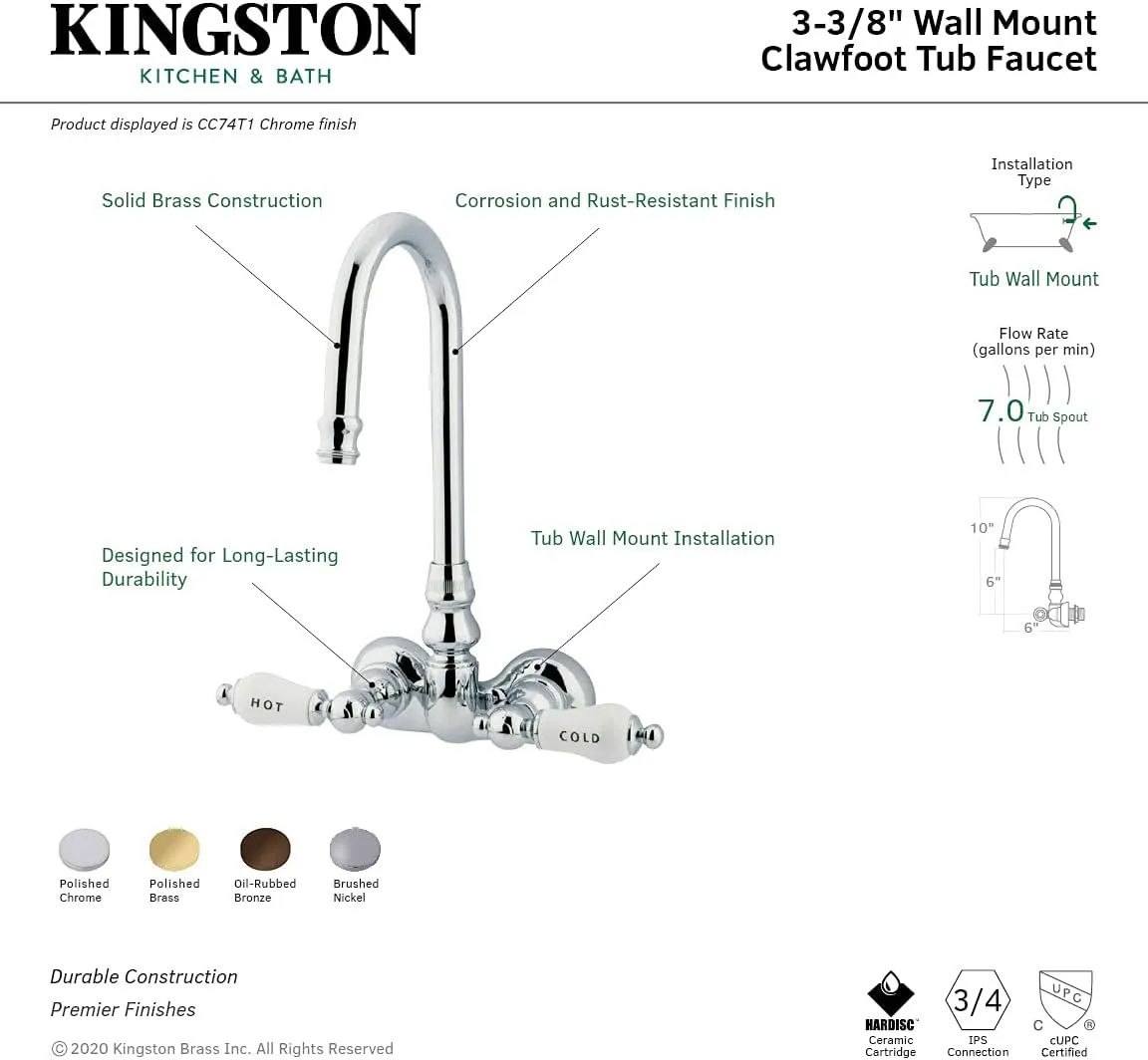 Kingston Brass CC74T1 Vintage Leg Tub Filler, Porcelain Lever Handle, Polished Chrome,8-Inch Adjustable Center