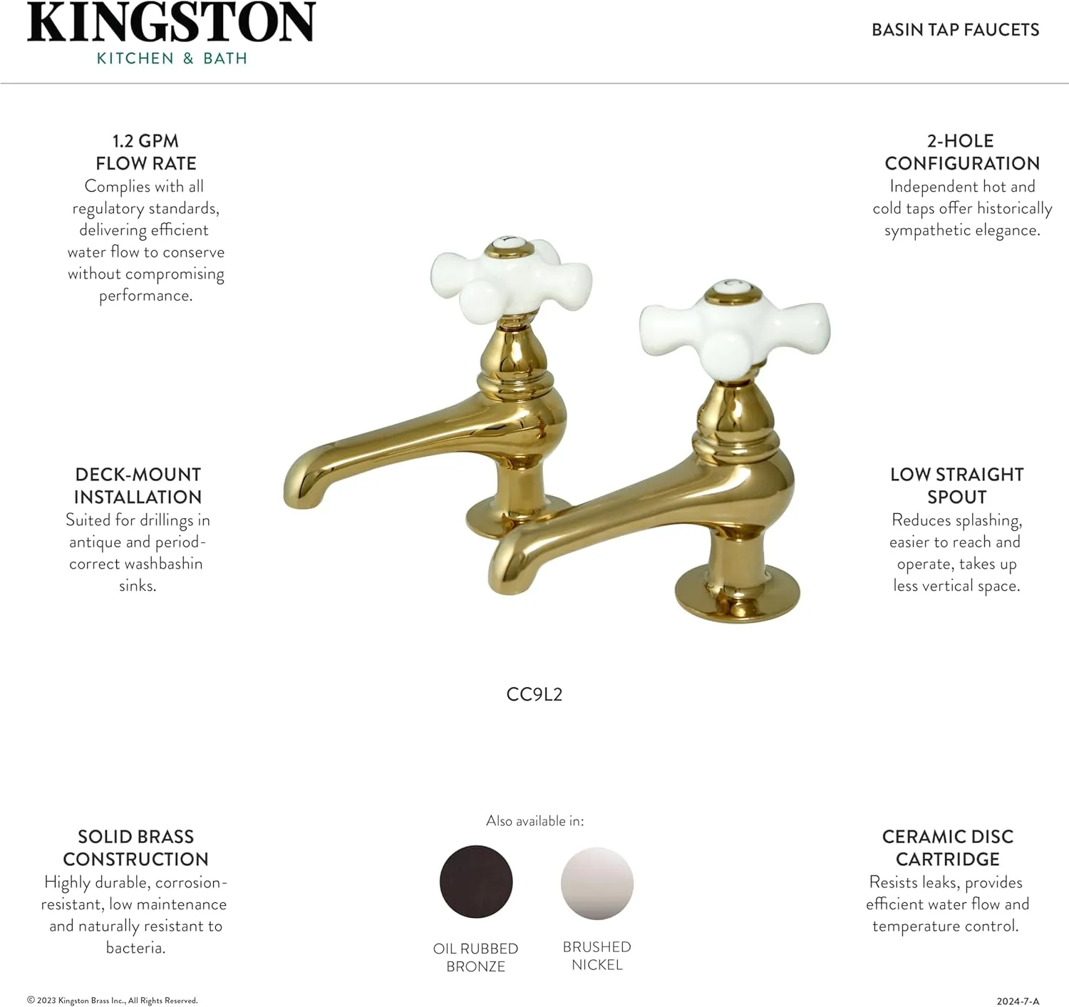 Kingston Brass CC9L2 Vintage Basin Tap Faucet, 3-1/2 inch spout reach, Polished Brass