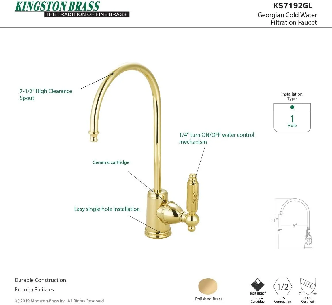 Kingston Brass Gourmetier KS7192GL Georgian Single Handle Water Filtration Faucet, Polished Brass