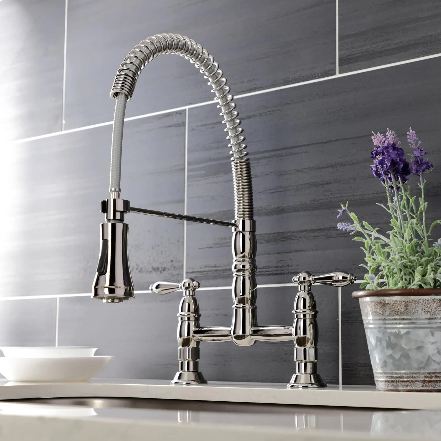 Kingston Brass GS1271AL Heritage Pull-Down Sprayer Kitchen Faucet, 14.13 x 10 x 18.75, Polished Chrome