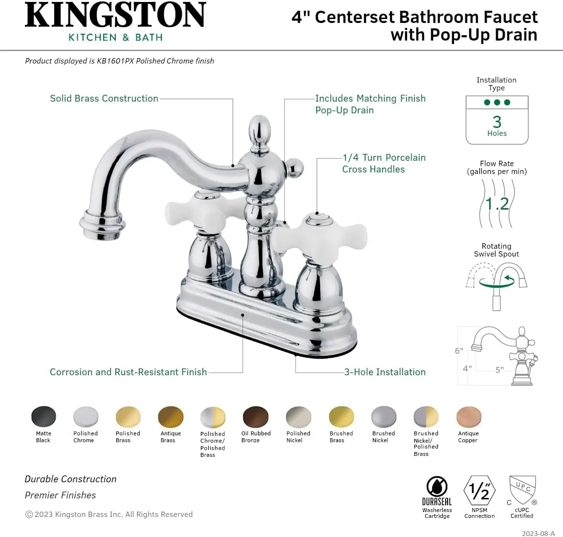 Kingston Brass KB1601PX Heritage 4-Inch Centerset Lavatory Faucet with Porcelain Cross Handle, Polished Chrome